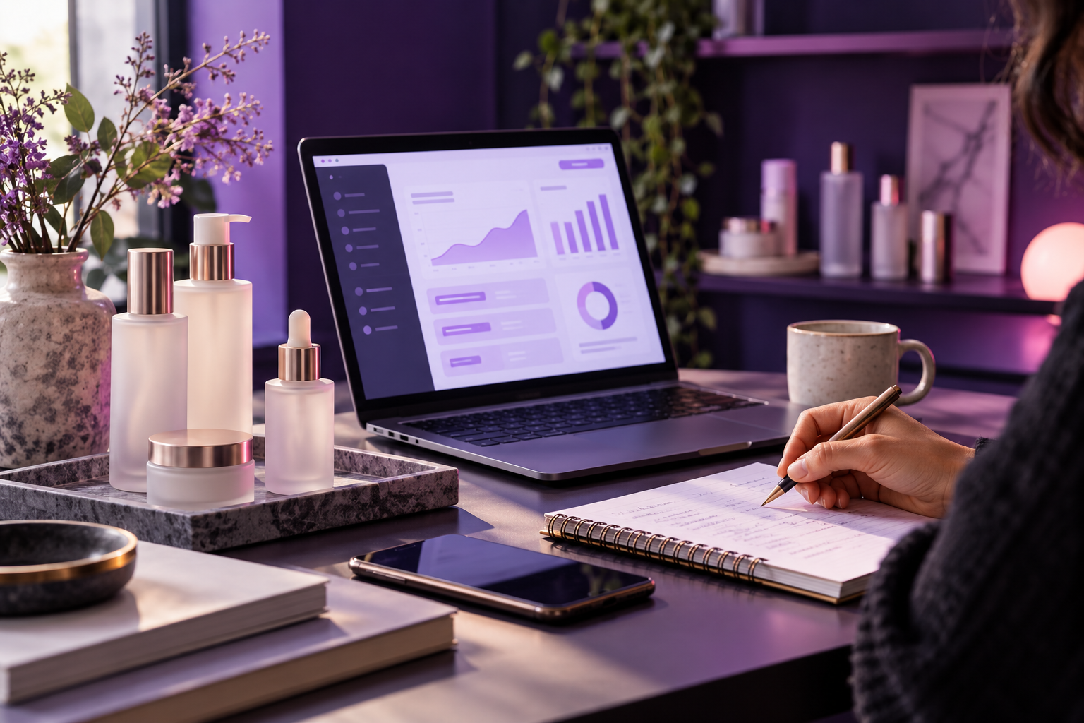 Illustrative business workspace with product bottles, a laptop, and planning materials