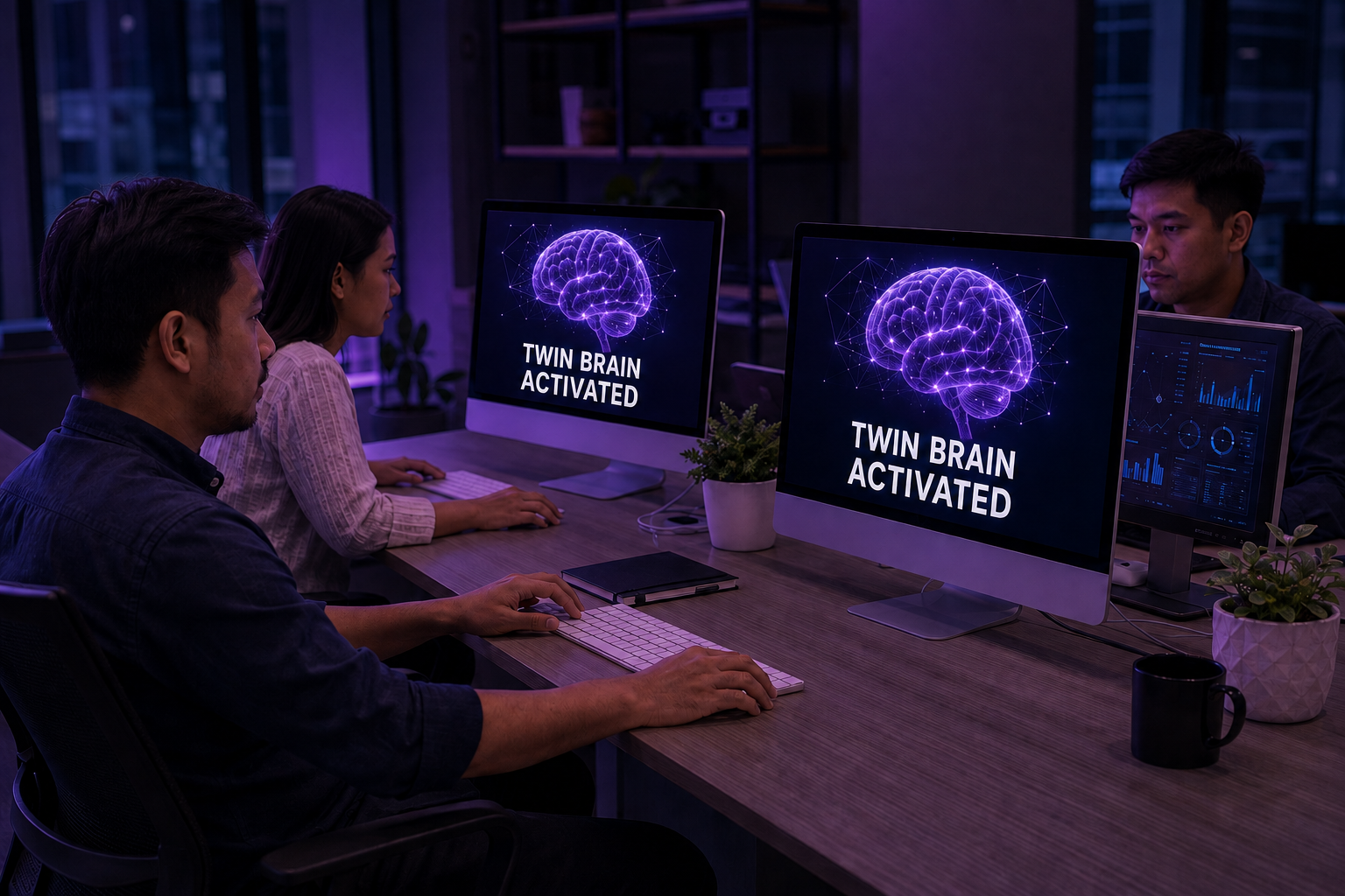 Employees using AI brain interfaces on computers in a dark office