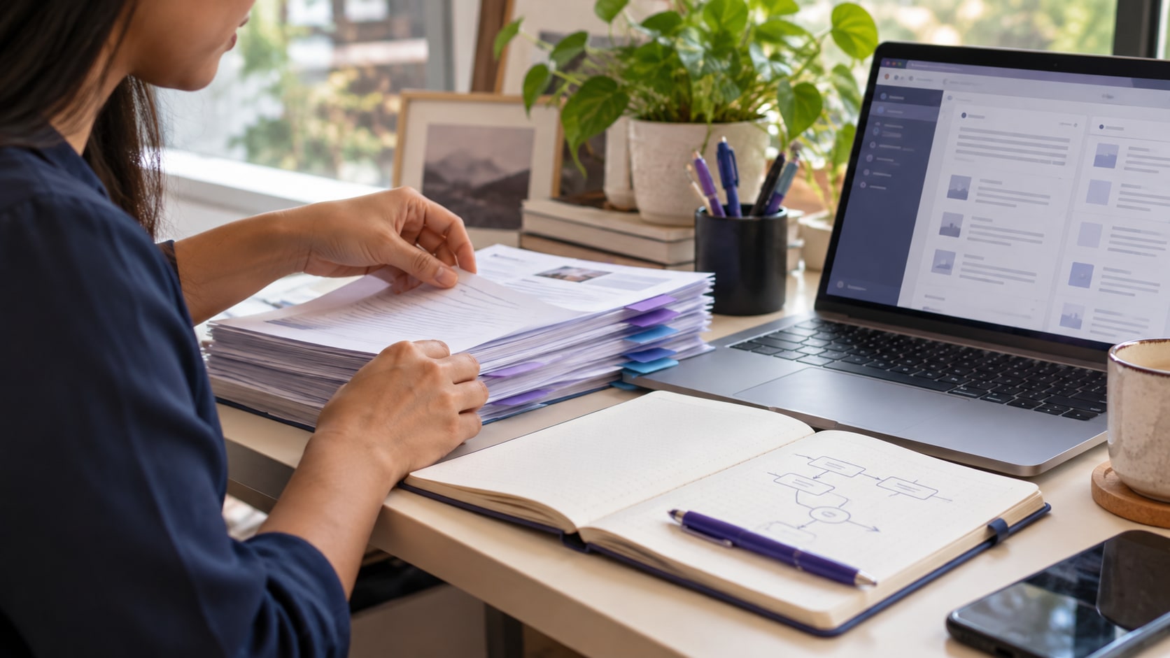 Hands organizing approved company procedures and a workflow notebook beside a laptop for an AI knowledge hub.