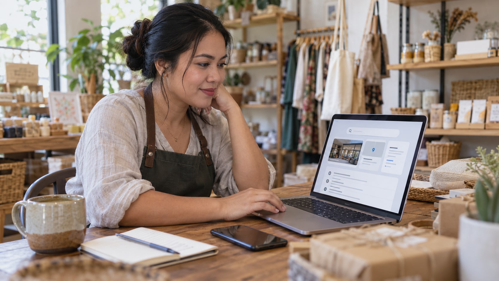 A small-business owner reviewing a generic search and business listing on her laptop in a bright shop.