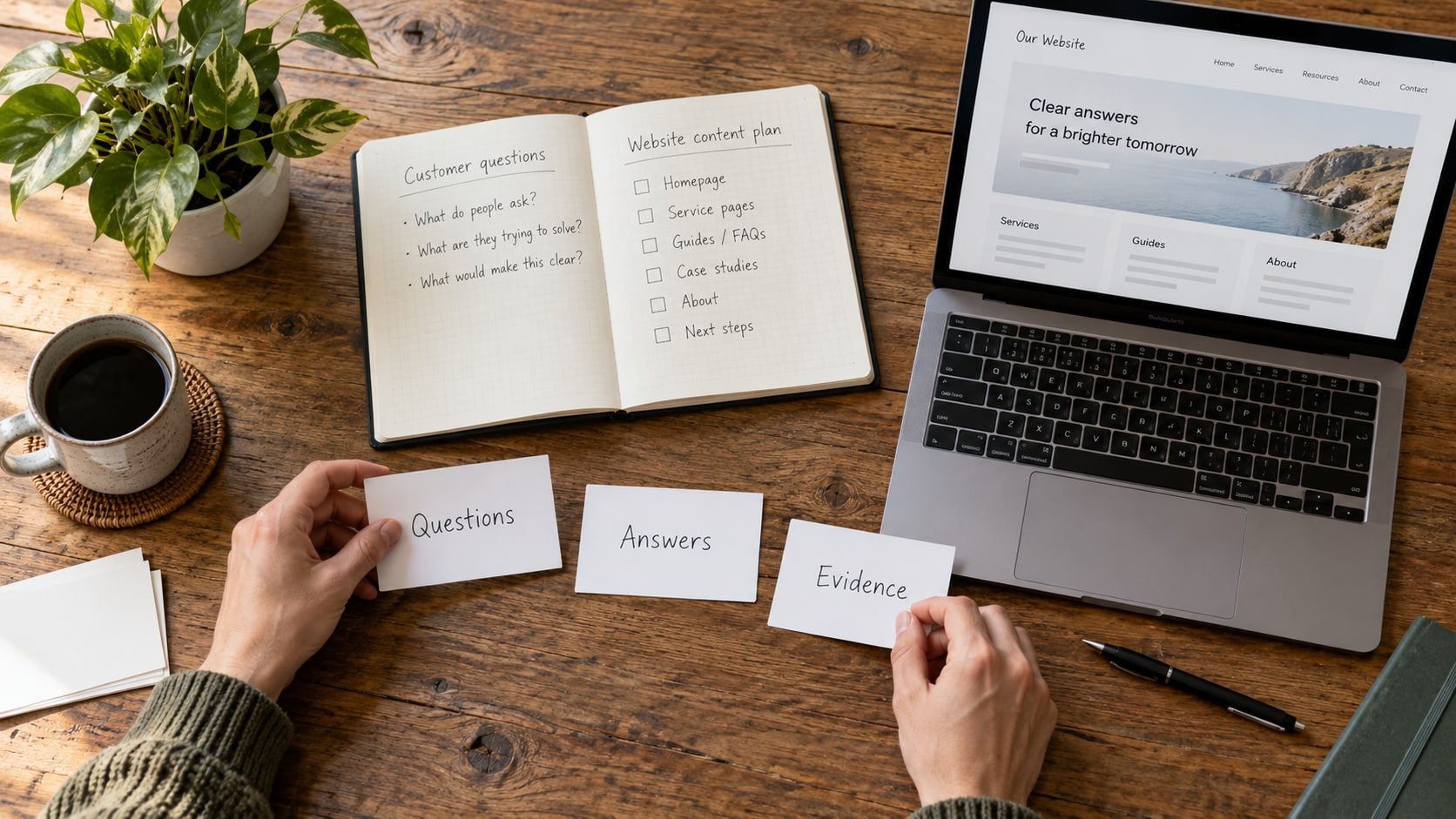 Hands arranging customer-question cards and an answer plan on a wooden worktable.