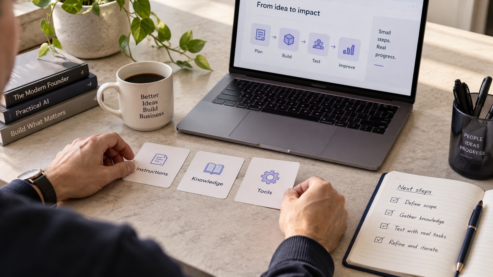 Hands organizing Instructions, Knowledge and Tools cards beside a laptop and a testing checklist.