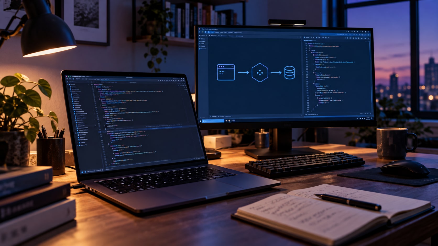 A developer workstation with a code editor and an application connection diagram, without visible credentials.