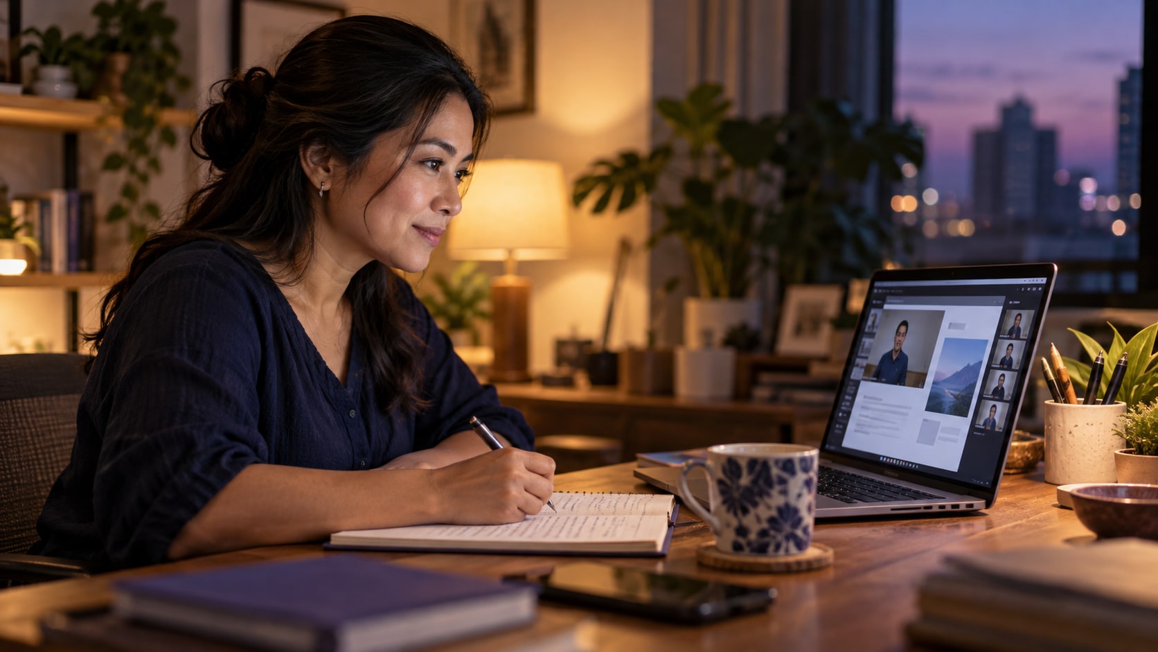 A Filipino business owner working on a laptop during an illustrative live online AI business lesson.