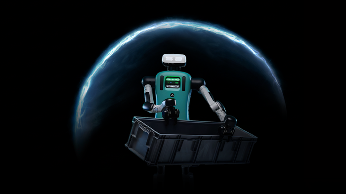 Agility Digit humanoid robot carrying a tote beneath a glowing safety halo.