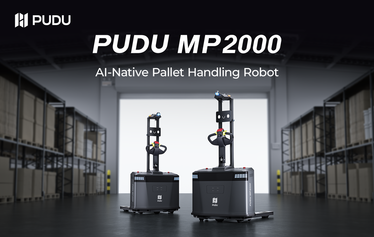 Two PUDU MP2000 autonomous pallet-handling robots in a warehouse.